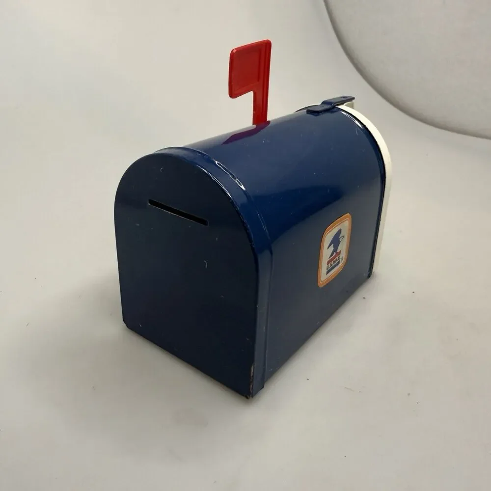 Vintage MidCentury USPS Tin Litho Bank,House Mailbox Design W/Flag-Very Good